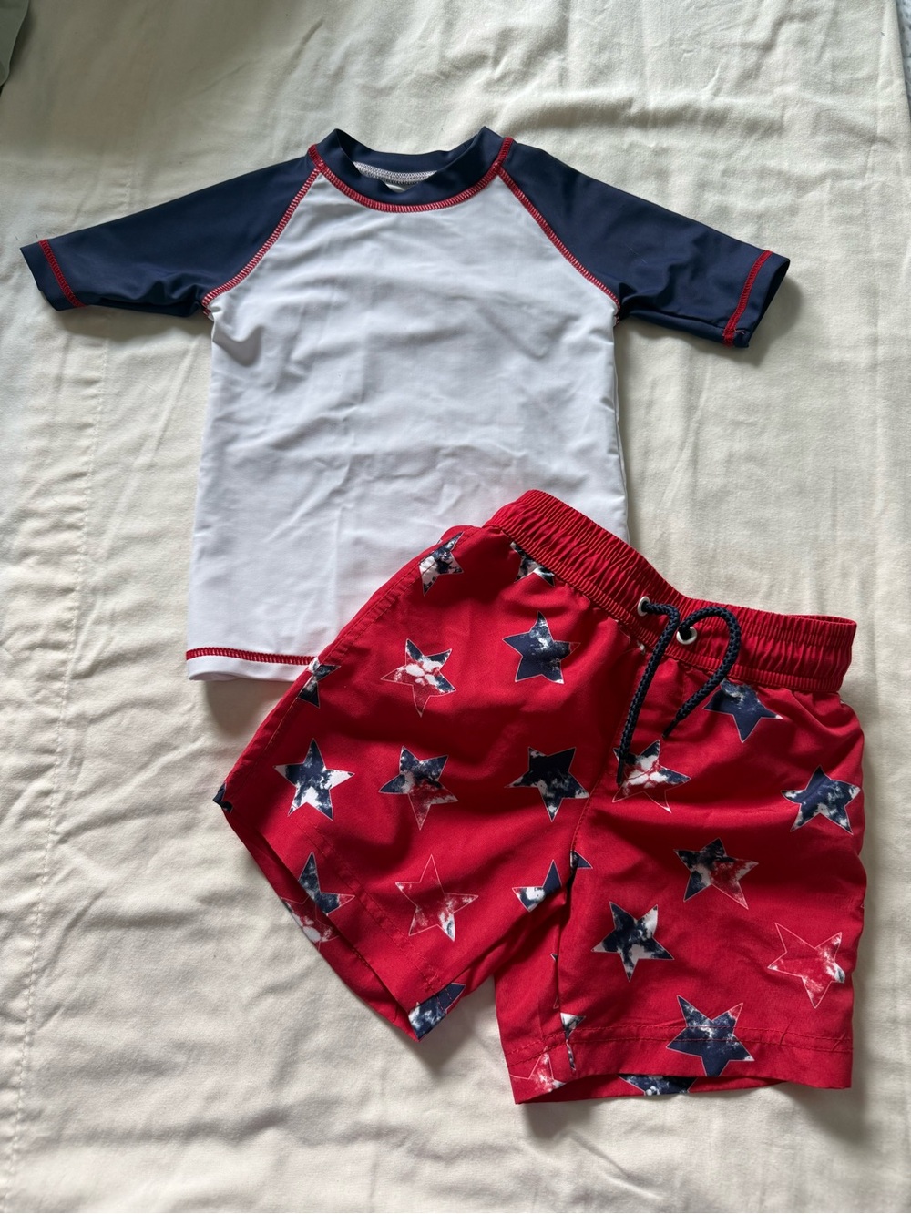 Tommy Bahama Kids Navy & White Rash Guard with Red Star Swim Shorts
